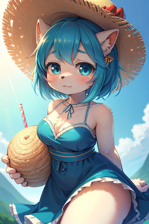 Unrealistic Perspective , dynamic angle , rule of thirds Layout , Bokeh  , dynamic fashion model action , realistic hairy fur , round face , moist round eyes , Swollen cheeks , hair ties , Short stature , accidents , Happenings , sensational , Blue haired anime girl in a straw hat and blue dress, artwork in the style of Gweitz, Beautiful anime portraits, Gweitz, Beautiful Anime Girls, beautiful Anime Style, Turquoise hair anime girl, Anime Style. 8k, In the art style of Bouwater, Beautiful digital illustrations, Beautiful character drawings, Stunning Anime Face Portraits