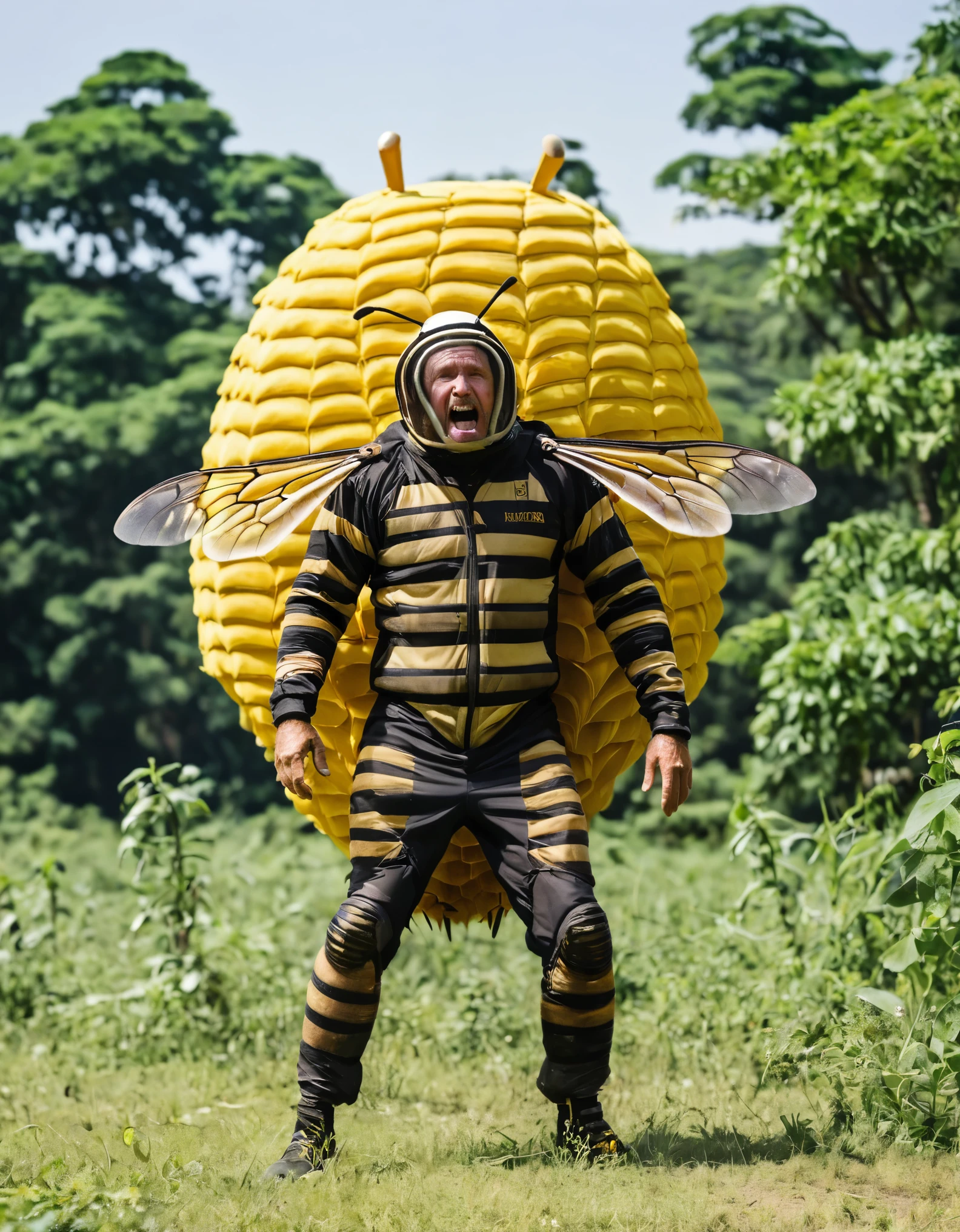 Action shot of Xi Jinping made of dvr-honey, carrying teddy bear made of dvr-honey, running away from bees. <lora:HoneyStyleV2:0.7> <lora:d\EnvyActionShotXL01:0.6>