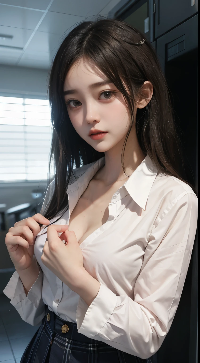 Sexy full-body high school girl、locker room、Japanese、、Button unbuttoned、
