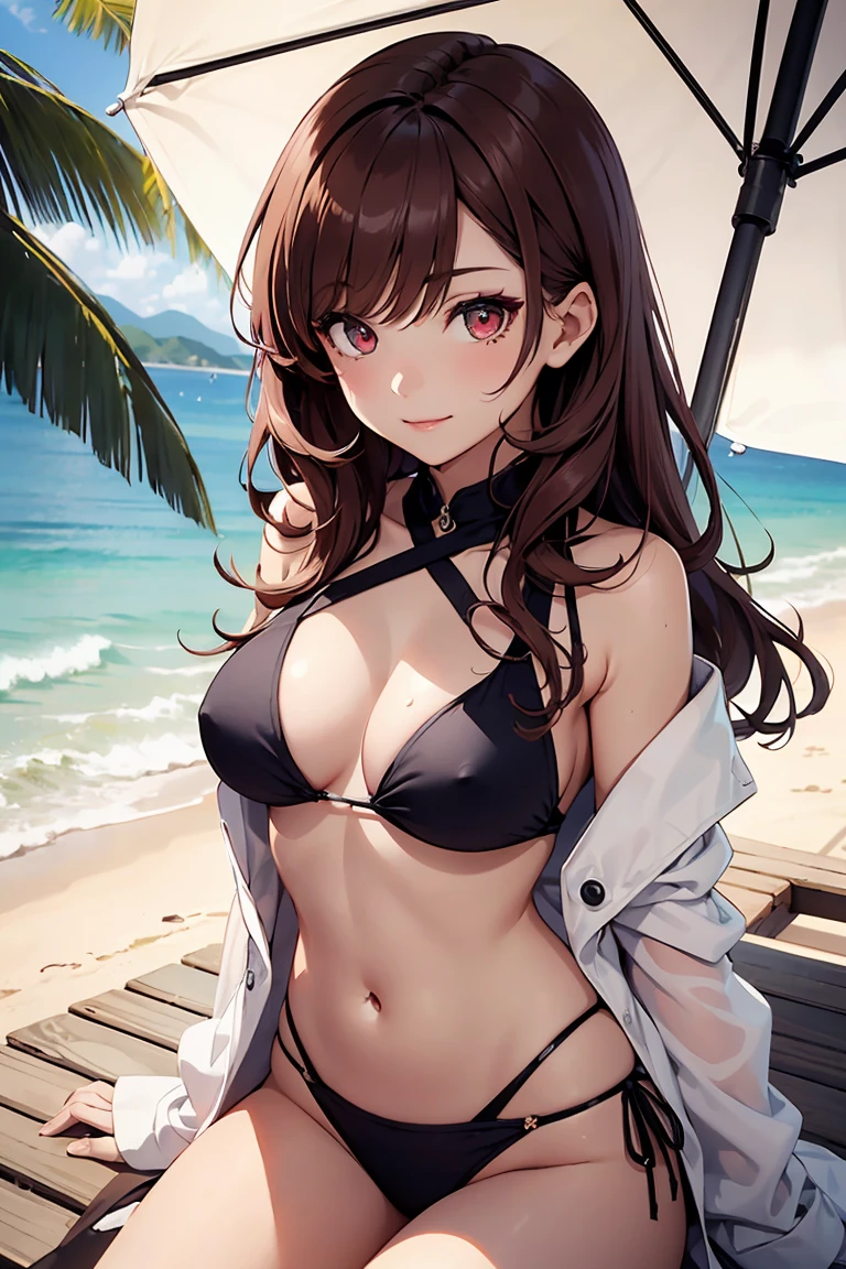 ((1 girl)), ((vampire)),Sit down with Pétain, Colorful Swimsuits, Navel exposed, Bright smile, Lively expressions, White skin, parasol,Beach, Midsummer, Bright sunlight ,((Very detailed,highest quality, High resolution, 8k wallpaper, Beautiful clothes,)),(bright red hair, Shoulder-length hair, boyish,Bouncy hair, ((Asymmetrical bangs)) ,(Bright red eyes),eye shadow, eyeliner,Glow Eye, Very detailedな目, Complex eyes, Beautiful Eyes, Shining bright eyes、