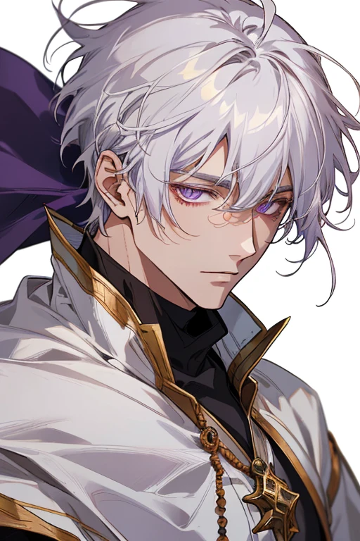 1 man, tranquility, age 35, face, short messy bangs, White hair, amethyst colored eyes, (white clothes, simple clothes), Close-up, medieval times, merchant.