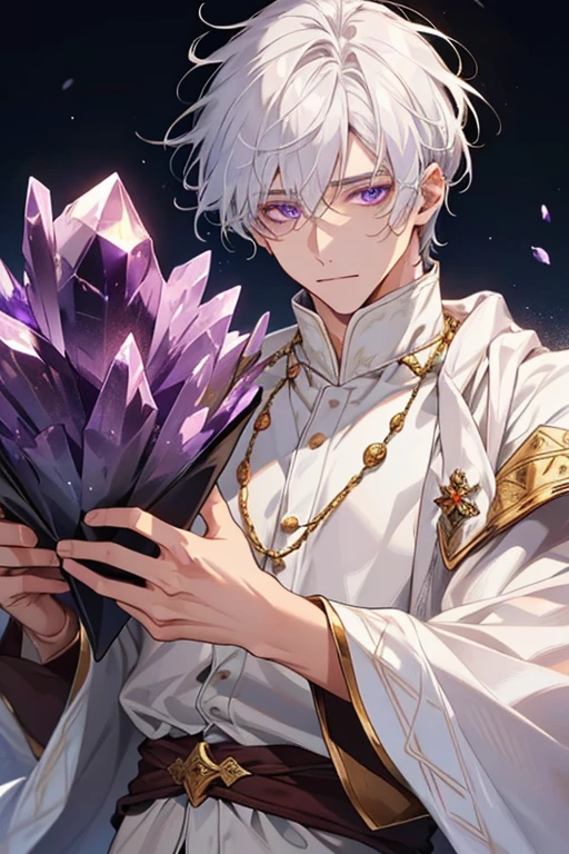 1 man, tranquility, age 35, face, short messy bangs, White hair, amethyst colored eyes, (white clothes, simple clothes), Close-up, medieval times, merchant.