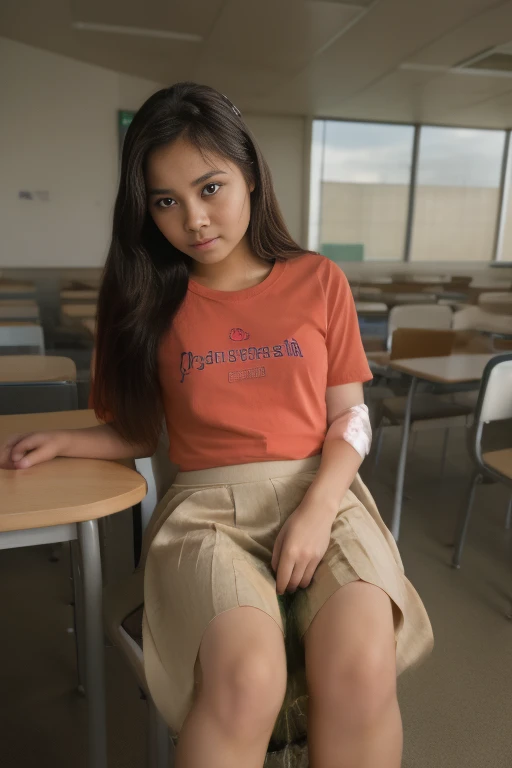 A teen girl with a Indonesia face, approximately 16 years old, is depicted in an classroom setting, sitting on the chair. She is wearing skirt and uniform. The girl can be seen in the process of peeing. (urination:1.5).