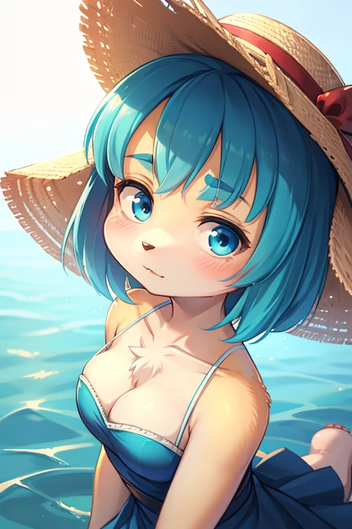 Unrealistic Perspective , dynamic angle , rule of thirds Layout , Bokeh  , dynamic fashion model action , realistic hairy fur , round face , moist round eyes , Swollen cheeks , hair ties , Short stature , accidents , Happenings , sensational , Blue haired anime girl in a straw hat and blue dress, artwork in the style of Gweitz, Beautiful anime portraits, Gweitz, Beautiful Anime Girls, beautiful Anime Style, Turquoise hair anime girl, Anime Style. 8k, In the art style of Bouwater, Beautiful digital illustrations, Beautiful character drawings, Stunning Anime Face Portraits