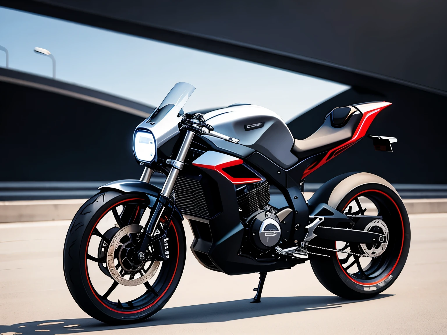 concept motorcycle, best quality, product design, front three-quarter view, concept design, industrial design, best quality, realistic, modern city background