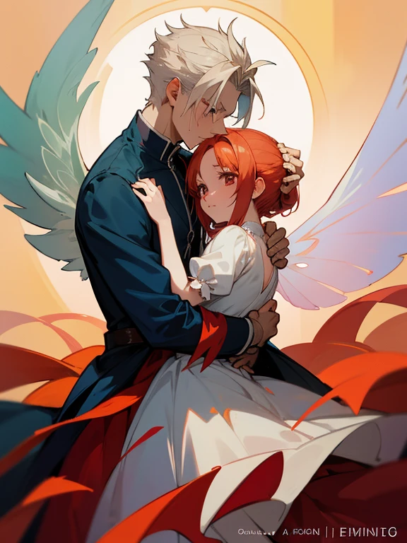 anime couple hugging each other in a hug, high quality fanart, high quality anime art, seven deadly sins anime, looking like annie leonhart, annie leonhart, high quality anime artstyle, key anime art, anime poster, trigger anime artstyle, trending anime art, anime arts, vergil, puce and vermillion, remove watermark, elaine in white dress with fairy wings, , ban in red dress and elaine in white dress undead ban and fairy elaine from seven deadly sins anime,
