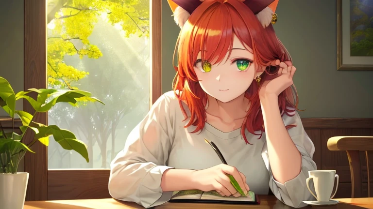 Peaceful landscape on a sunny day: girl, Cat ears growing out of his head,Wearing a short-sleeved shirt、Checking your smartphone while eating a parfait at a cafe,(girlの目の中には星がある:1.4),(Eye color: The right eye is yellow、The left eye is green:1.9), Take a relaxing break. Sunlight shining through the cafe window, Out of the window, I see a big tree with fresh green leaves.,Casting a warm glow on the scene. With a satisfied look, She watches the crowds pass by, Peace and tranquility surrounds her........... The intricate details of her face, Illuminated by the sunlight, Rendered in perfect quality, Each feature is highlighted by the best lighting...........,(girlのCat ears growing out of his head:1.4);There is a book on the table, (Redhead:1.5),Add a relaxing feel to your images. This masterpiece, Rich texture,She has big cat earrings on her ears,