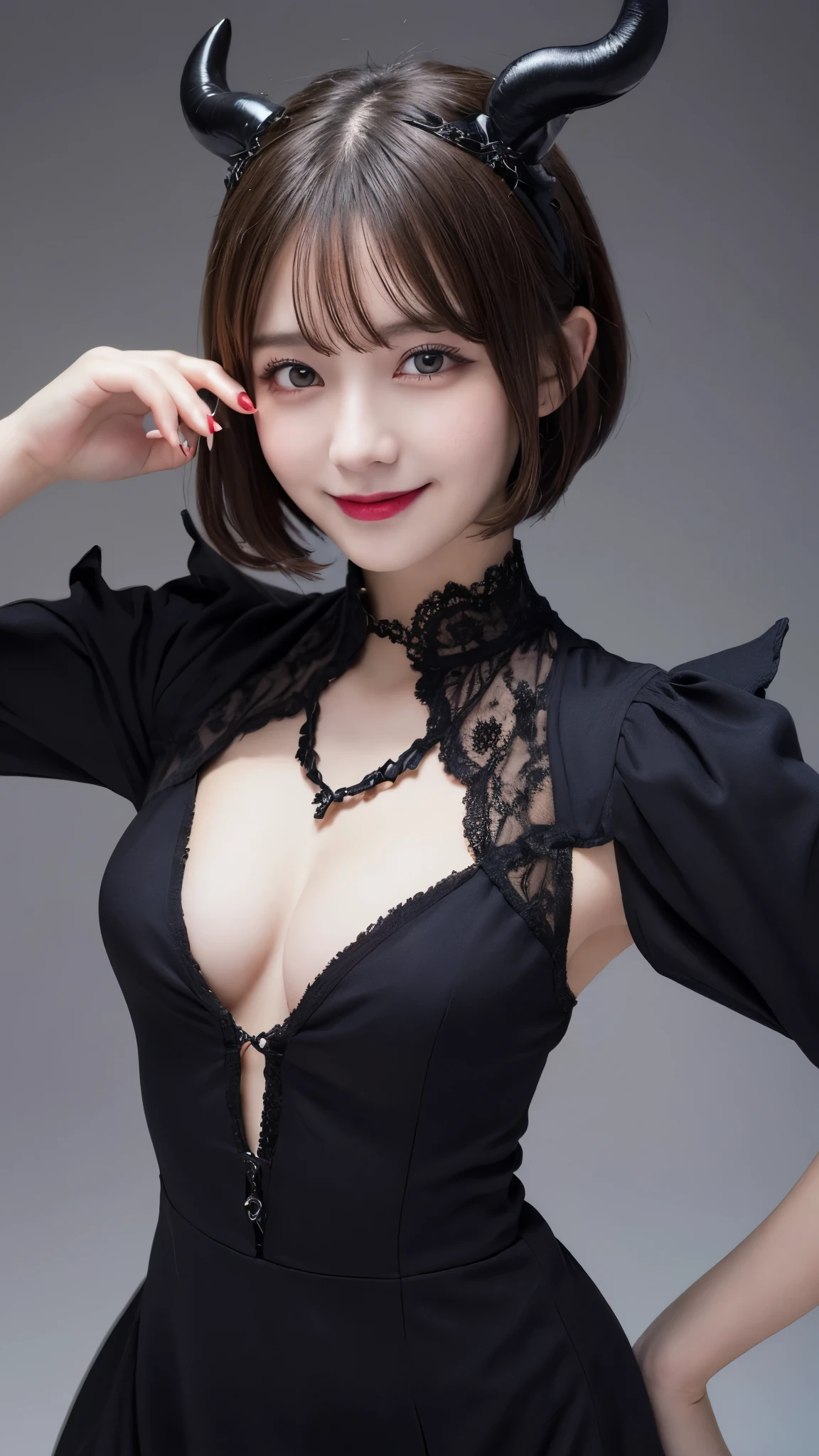 highest quality, shape, Very detailed, In detail, High resolution, 8k wallpaper, Perfect dynamic composition, Beautiful details, dress,(Very short hair), Center of chest, Natural color lip, Random sexy poses,smile,Woman with perfect body，Little devil succubus