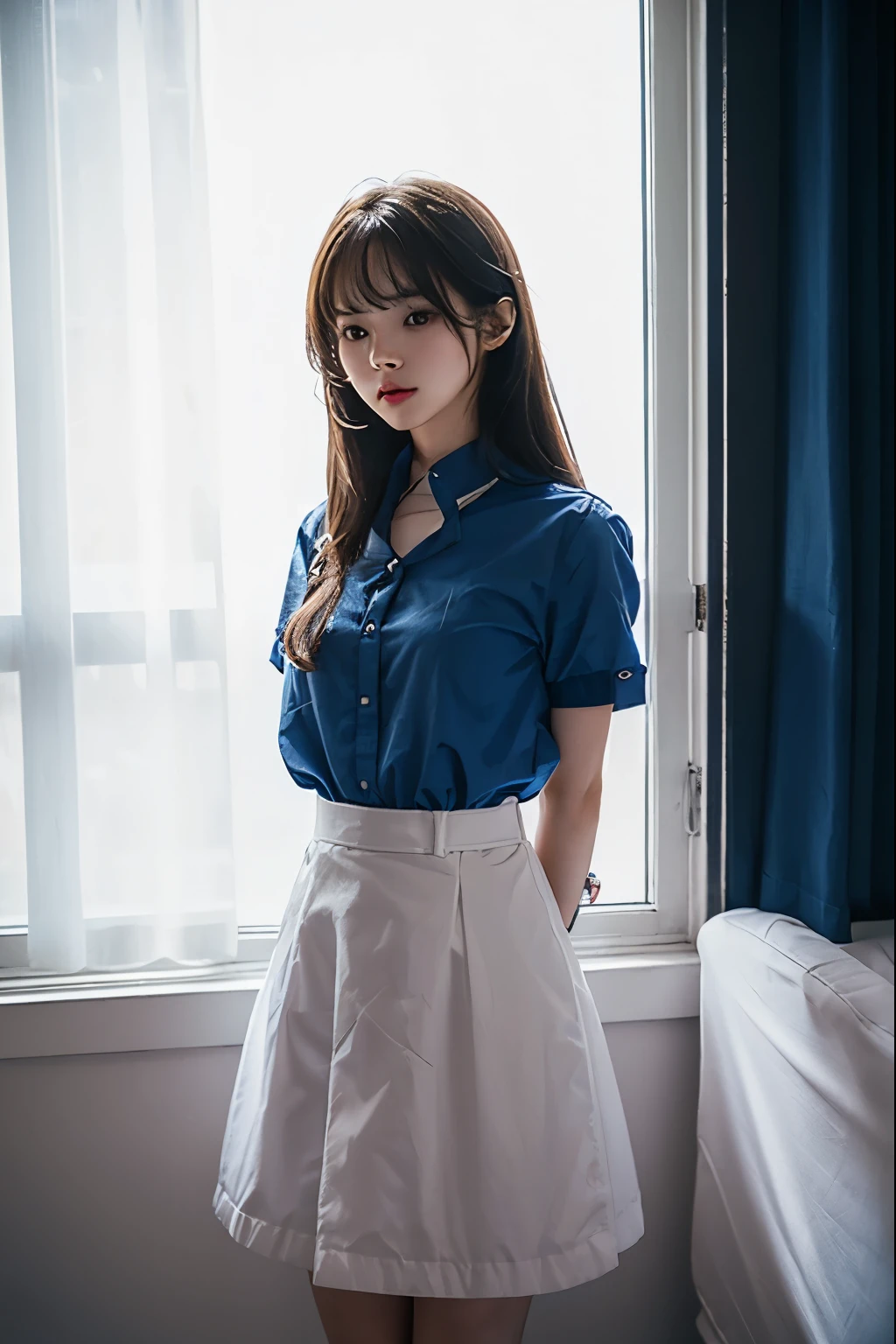 teenage Korean girl brown long hair pale skin blue shirt long sleeve coffee shop white upskirt pubic hair sitting one leg up