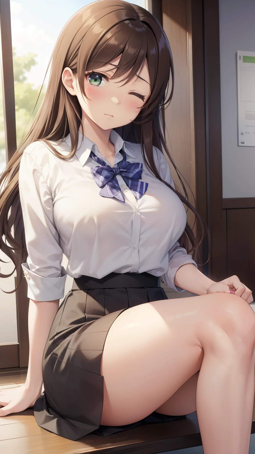nozomitoujou, nozomi toujou, green eyes, brown hair, curly hair, large breasts, masterpiece, best quality, high resolution, beautiful detailed eyes, extremely detailed face, good lighting, detailed CG, messy hair, blouse, pencil skirt, one eye closed, upset, school corridor, sitting on the floor, leaning back, (knees bent), legs spread
