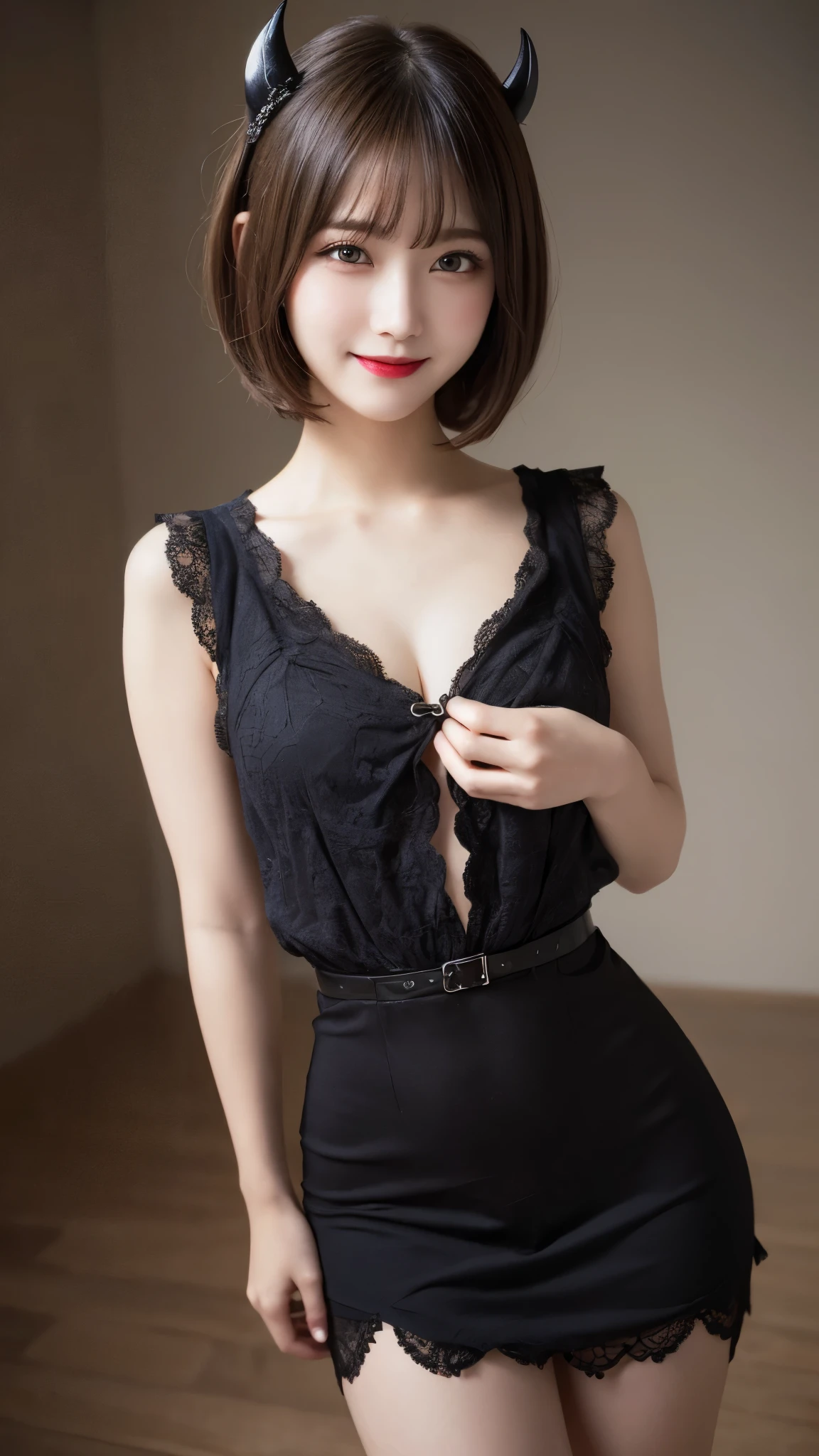 highest quality, shape, Very detailed, In detail, High resolution, 8k wallpaper, Perfect dynamic composition, Beautiful details, dress,(Very short hair), Center of chest, Natural color lip, Random sexy poses,smile,Woman with perfect body,Little devil succubus