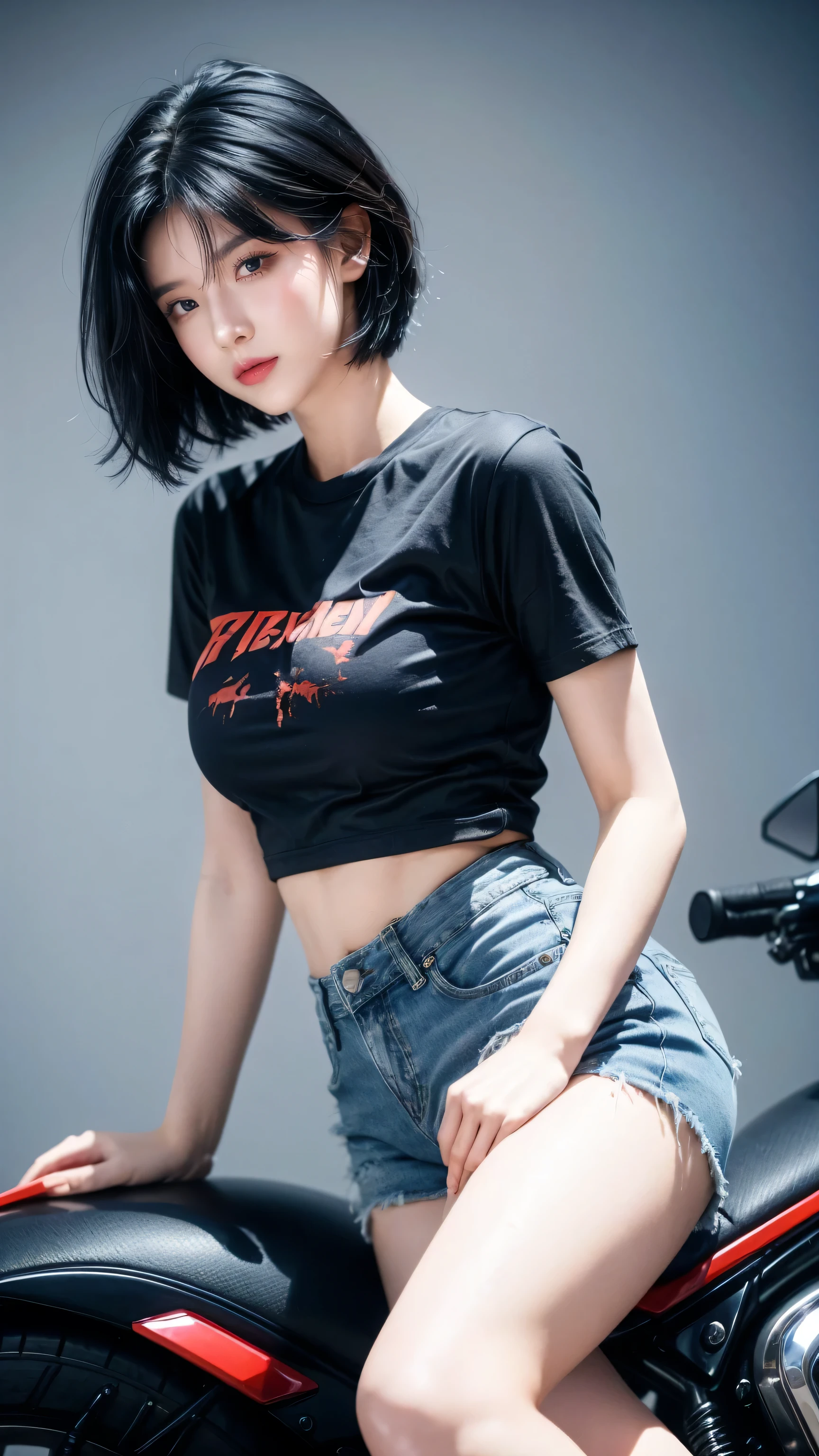 best quality, 1 Girl, dark blue hair, black eyes, Very short hair, Spiky hair, red down shirt, High waist short jeans, 171 cm, Messy hair, Hair between the eyes, Medium breasts, full, Tomboy, aldult, 20 years old, 1 Girl, Straddling a motorcycle blue, red, orange
