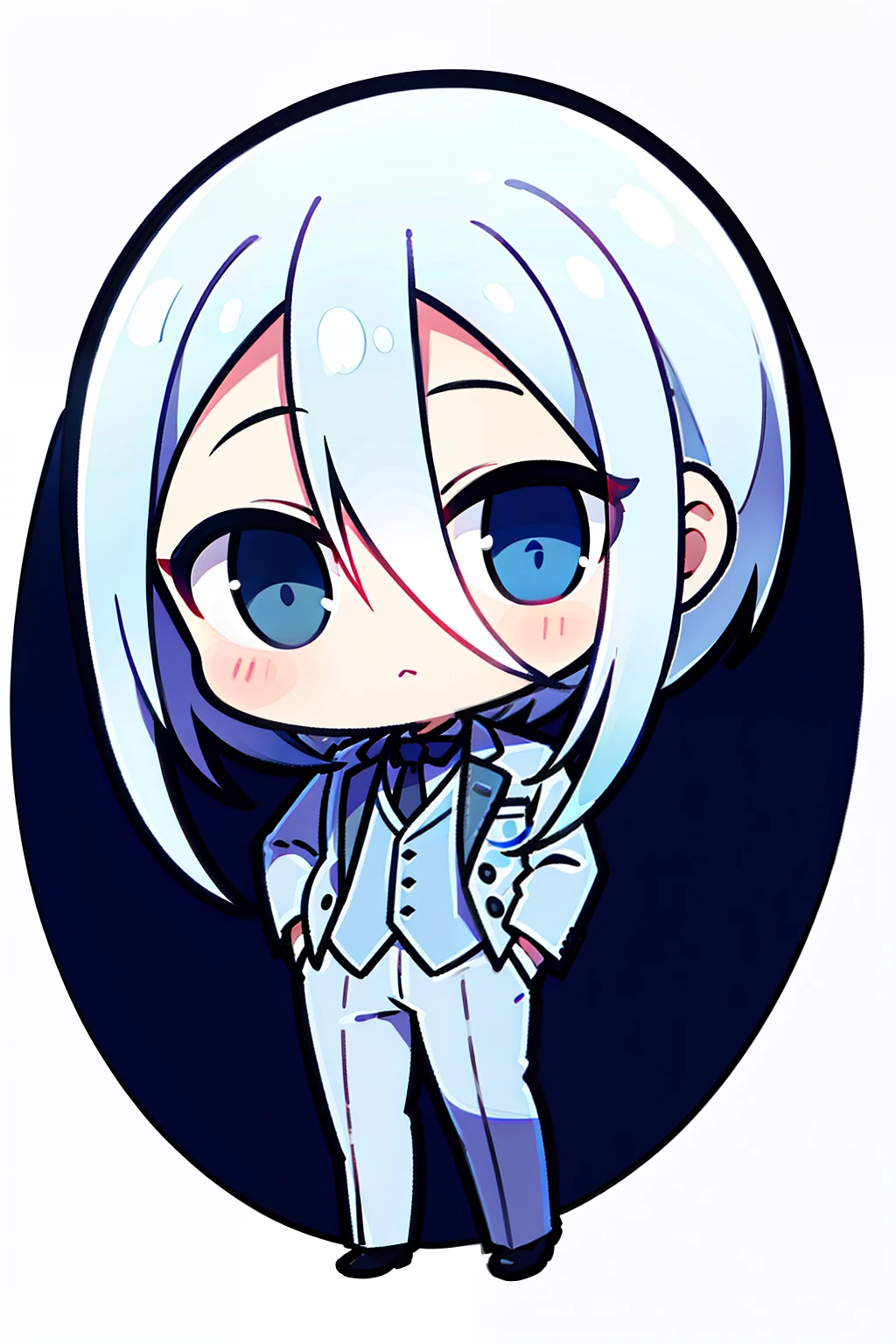Q version, Cartoon，37 hair style，Silver-white hair color，Male alone，White suit，Black plaid jacket，Two heads，Hands in trouser pockets，Big Head，Middle parting hairstyle。Black suit，White shirt