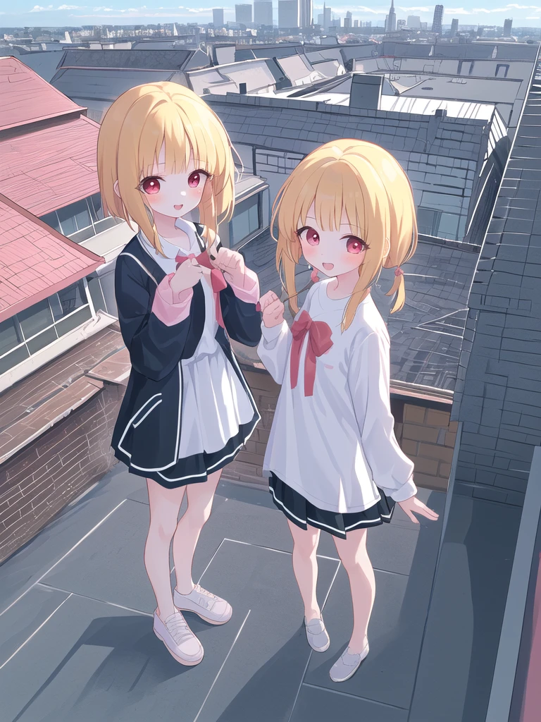 naughty girl, Two Girls,************, Wearing a uniform, Light pink mini skirt,  Wear a shirt, close, Anime movie, Twinkle smile, Pale pink eyes, Bob Hair,building,rooftop,Big Jump