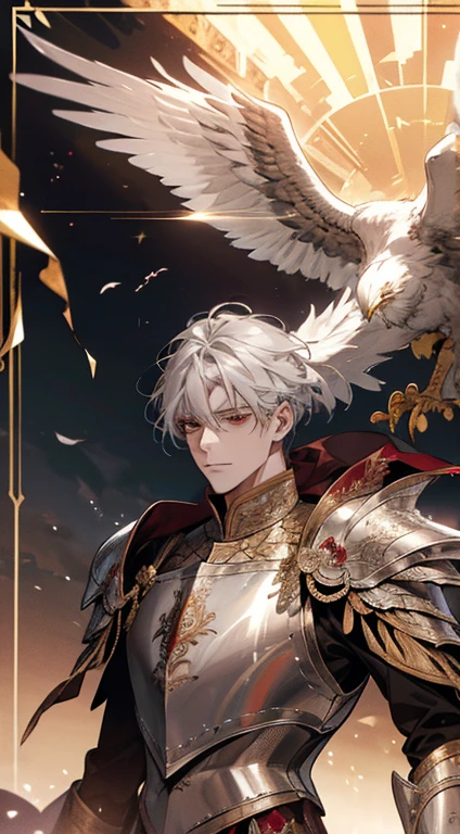 A man, silver hair, gold Eagle knight, fine armor, intricate design, red details, silk, cinematic lighting, 4k, floating hair, sharp, prism, shining knight