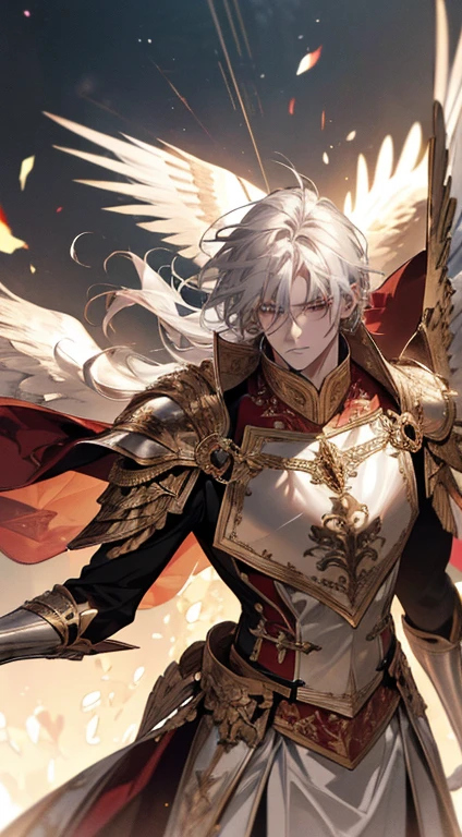 A man, silver hair, gold Eagle knight, fine armor, intricate design, red details, silk, cinematic lighting, 4k, floating hair, sharp, prism, shining knight