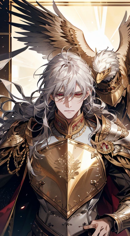 A man, silver hair, gold Eagle knight, fine armor, intricate design, red details, silk, cinematic lighting, 4k, floating hair, sharp, prism, shining knight