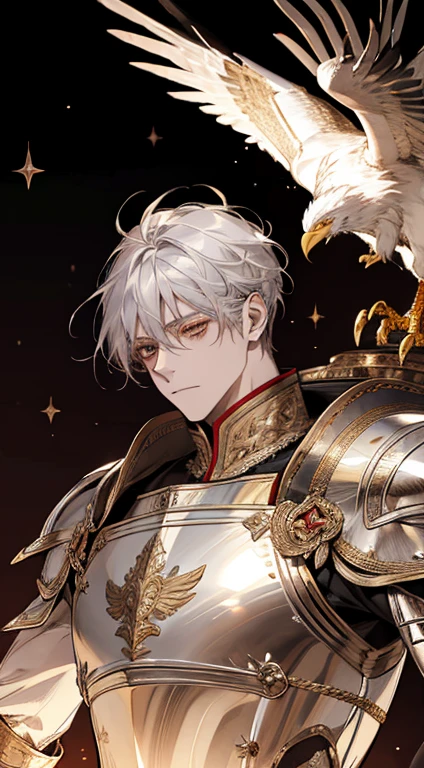 A man, silver hair, gold Eagle knight, fine armor, intricate design, red details, silk, cinematic lighting, 4k, floating hair, sharp, prism, shining knight