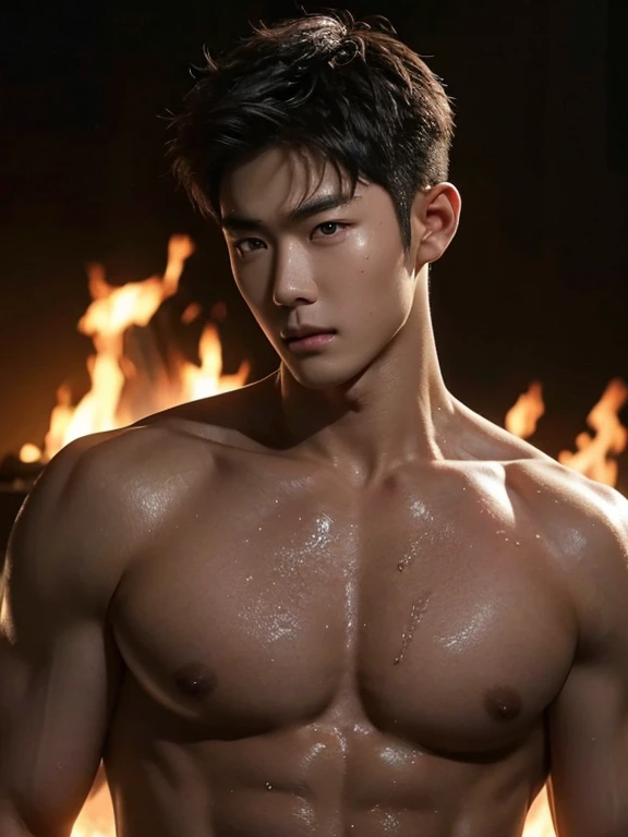 a naked man, night、Sweat、Wet Skin、Man standing in front of a fire、Serious expression、 shirtless , realistic handsome Korean face , modest muscles , masterpiece , A high resolution、hyperrealism、detailed face、solo、a men、glowing skin、(Asian)、(young、teenager)、Handsome、detailed background