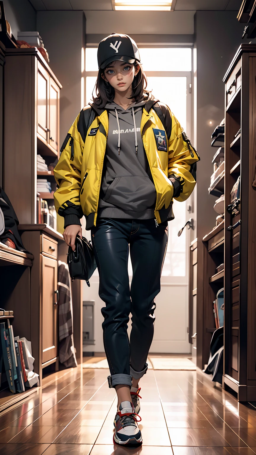 8k, Realistic photos, r8k, Realistic photos, Realistic skin texture, アメリカ在住の美しい日本人woman捜査官、new yorkｐｄ，Baseball cap、Grey hoodie、pistol、a１Flight jacket、Searching the suspicious room、Open the door and look around the room、Gunfight、Chino pants、sneakers、Dynamic pose、Vigilance、decision、Innovative Configuration、woman、