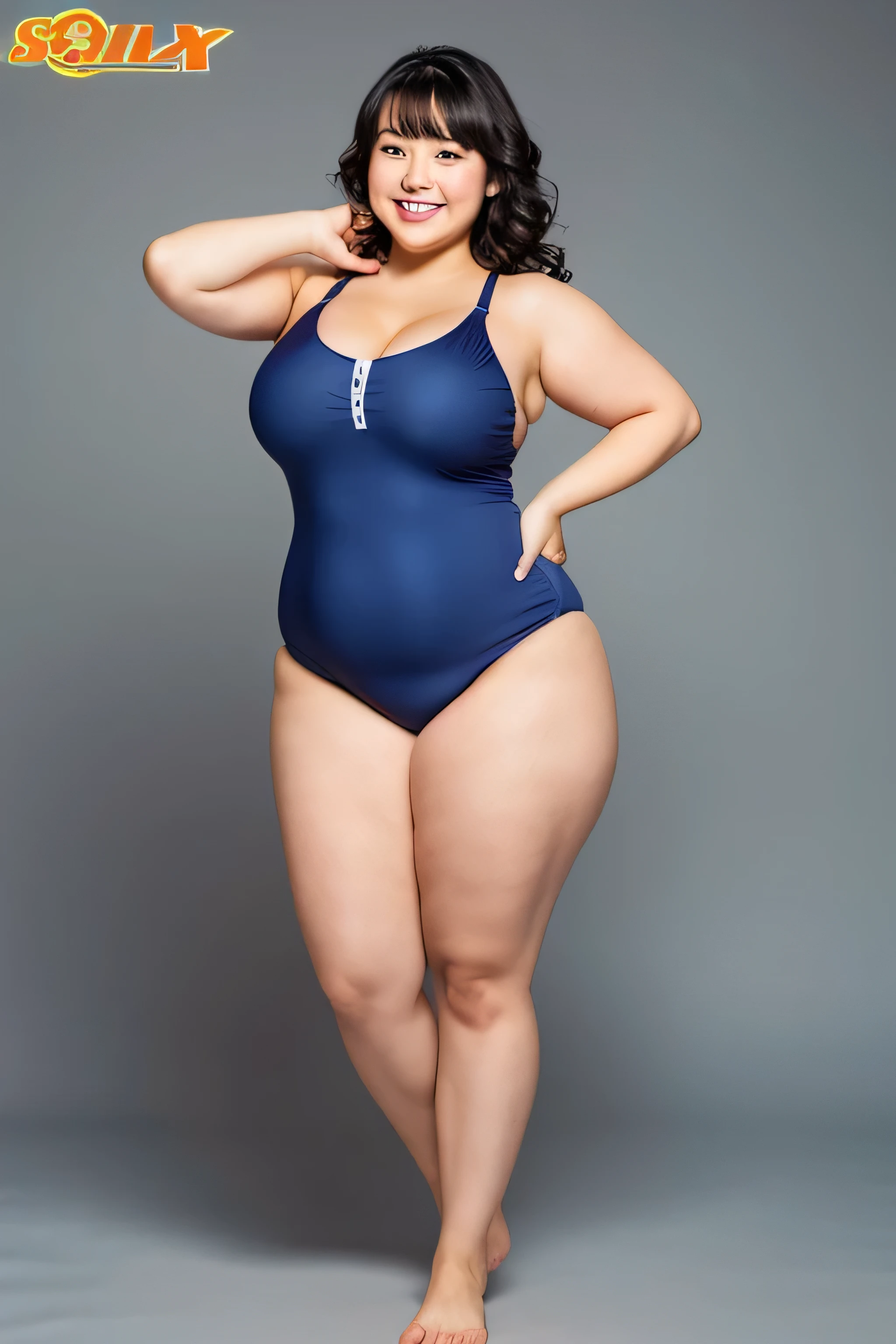 fat girl,Japanese women,Queen Size Model,Chubby,volutpuous,40-year-old woman,Tall,smile,thick,dignity,dignity,a healthy woman,smile,(Navy blue one-piece school swimsuit,Logo mark on chest(Shiny)), Pro wrestling fighting pose,strap,Glamorous body, Big Breasts,Curly Long Hair ,bangs , Standing pose,Bold Pose,thigh , thick legs,Realistic, High quality 8k,High resolution, perfection, Best image quality,Sports