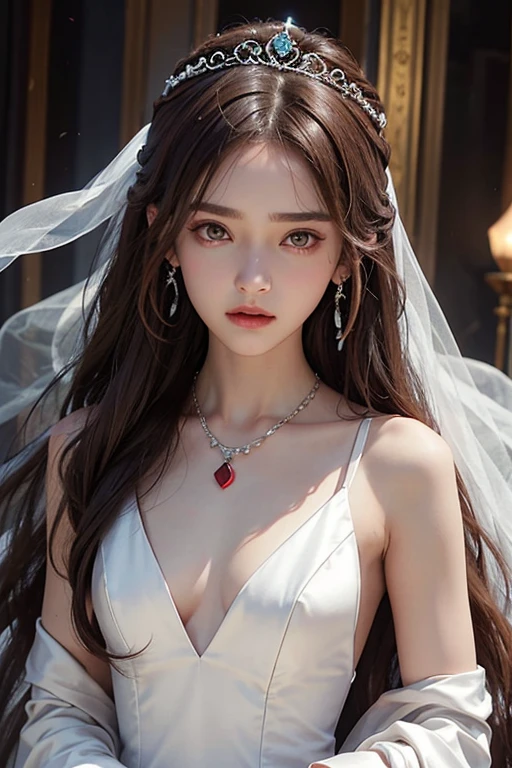 15 years old、woman、whole body、Evil Face, Red eyes, Iris,Brown Hair、Summit、White Wedding Dress、Long Hair、whole body、Shoulders stick out、tiara、Small breasts、Earrings、necklace、temple