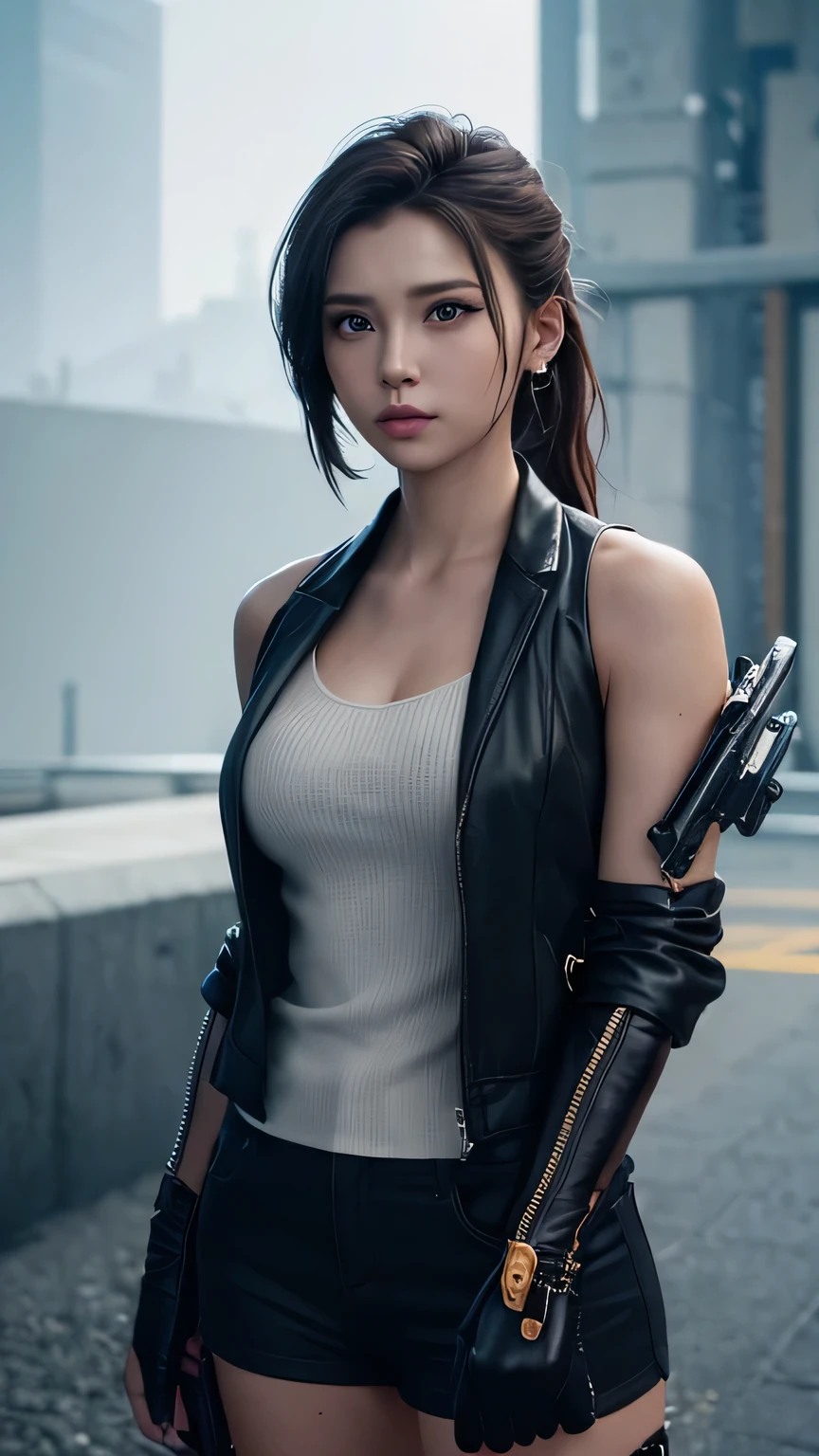 Plano General, whole body, Sharpness,((highest quality)), ((masterpiece)), (Very detailed:1.3),8k, 3D,High resolution, beautiful (cyber punk:1.3) Woman with modern style wavy voluminous hair.,((With a weapon in hand)),Colorful, violet, orange yellow, Brown, cyan, violet, (( (Futuristic Mad Max movie style background)))