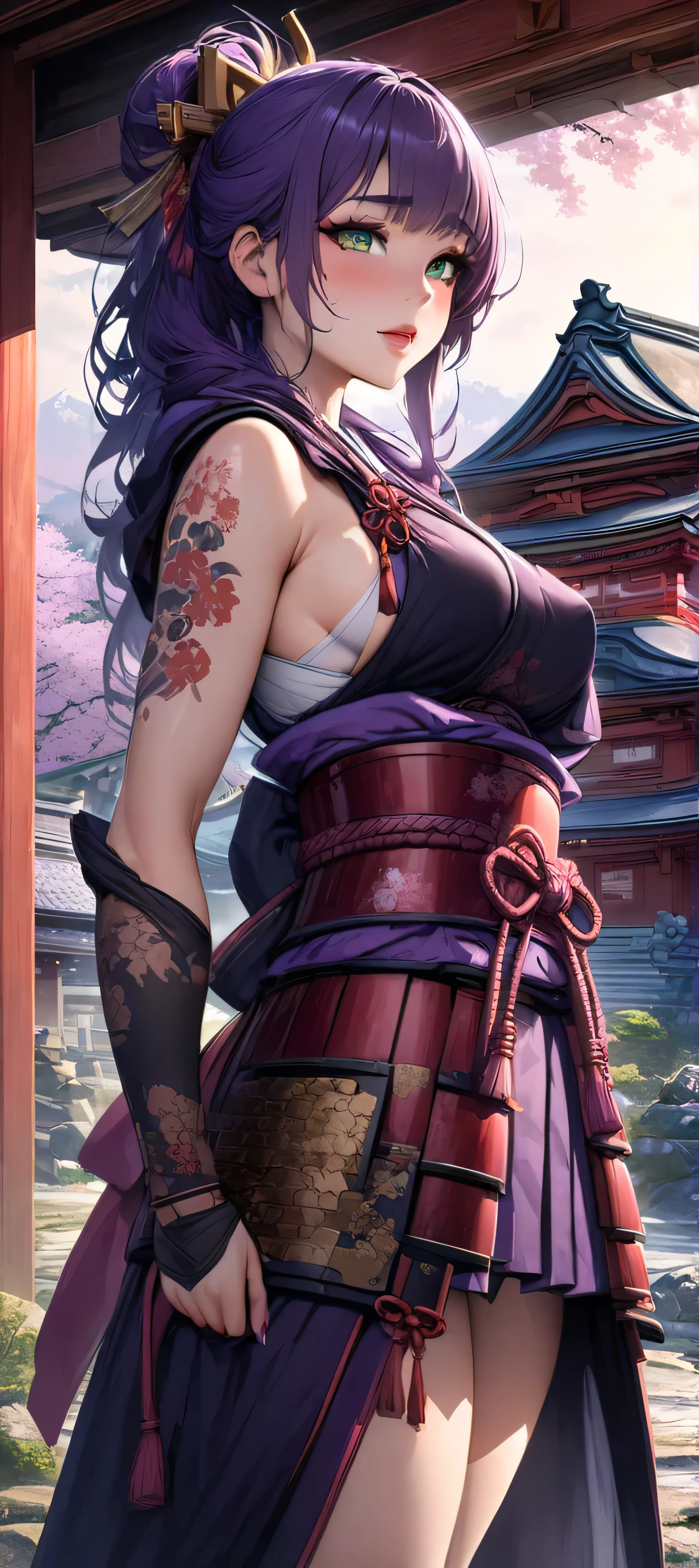 one arafed woman with purple hair and green eyes, japanese tattoo sleeve on her right arm, samurai armor, sfw, japanese temple