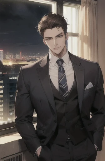 (modern, HD, Super detailed), (1 male, the only person, AS-Adult,    Mature:1.4, age:1.4, young, tall muscular man, Handsome), very short hair, black hair color hair, hair oil, brown eyes,(Pointed chin:1.4,thick neck:1.4,),night,dark,Look at night view of the city through the large window,brown suit,Luxury，