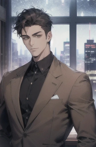 (modern, HD, Super detailed), (1 male, the only person, AS-Adult, Mature:1.4, age:1.4, young, tall muscular man, Handsome), very short hair, black hair color hair, hair oil, brown eyes,(Pointed chin:1.4,thick neck:1.4,),night,dark,Look at night view of the city through the large window,brown suit,Luxury,