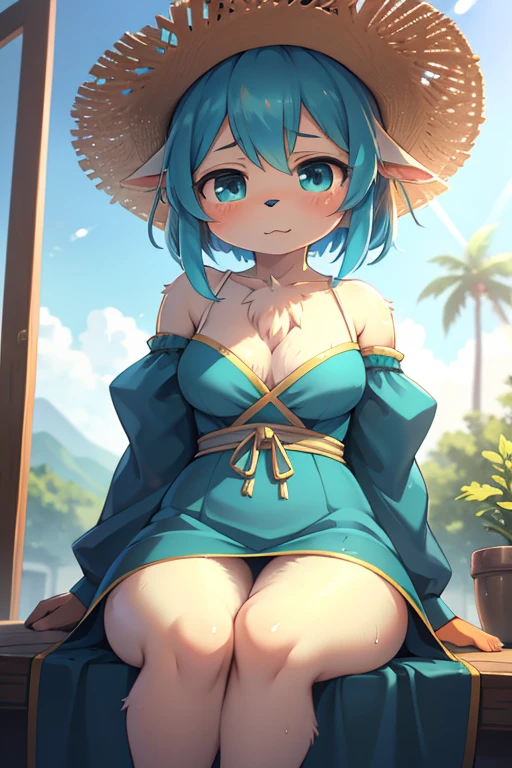 Unrealistic Perspective , dynamic angle , rule of thirds Layout , Bokeh , dynamic fashion model action , realistic hairy fur , round face , moist round eyes , Swollen cheeks , hair ties , Short stature , accidents , Happenings , sensational , Blue haired anime girl in a straw hat and blue dress, artwork in the style of Gweitz, Beautiful anime portraits, Gweitz, Beautiful Anime Girls, beautiful Anime Style, Turquoise hair anime girl, Anime Style. 8k, In the art style of Bouwater, Beautiful digital illustrations, Beautiful character drawings, Stunning Anime Face Portraits, Sit down and show your butt from the front