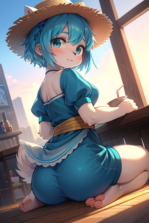 Unrealistic Perspective , dynamic angle , rule of thirds Layout , Bokeh  , dynamic fashion model action , realistic hairy fur , round face , moist round eyes , Swollen cheeks , hair ties , Short stature , accidents , Happenings , sensational , Blue haired anime girl in a straw hat and blue dress, artwork in the style of Gweitz, Beautiful anime portraits, Gweitz, Beautiful Anime Girls, beautiful Anime Style, Turquoise hair anime girl, Anime Style. 8k, In the art style of Bouwater, Beautiful digital illustrations, Beautiful character drawings, Stunning Anime Face Portraits, Sit down and show your butt from the front