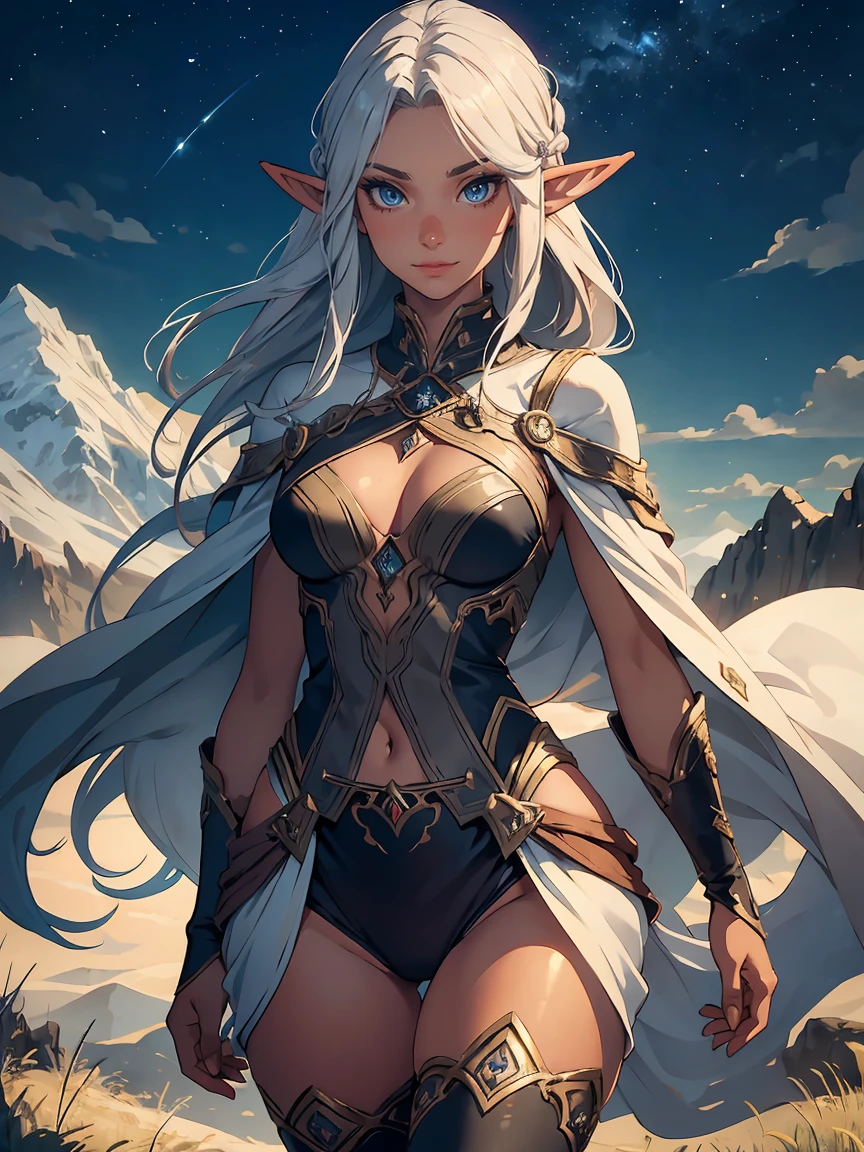 masterpiece, high quality, 1_woman, ((upper body)), ((dynamic poses)), standing, (exotic skin_complexion:1.4), mature, (looking at the viewer), (blushing, smiling, closed mouth), tall, beautiful, exotic, with long elf ears, long hair, silver hair, detailed face, having diamond shaped eyes, blue eyes, (dark_eyeliner), long_eyelashes medium_bust, fantasy clothes, elven clothes, short clothes, chest window, black thigh highs with embroidery, dynamic lighting casts detailed shadows, mountains in distance, walking path, grassy field, night sky, stars, 