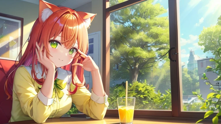 Peaceful landscape on a sunny day: girl, Cat ears growing out of his head,Wearing a short-sleeved shirt、Checking your smartphone while eating a parfait at a cafe,(girlの目の中には星がある:1.4),(Eye color: The right eye is yellow、The left eye is green:1.9), Take a relaxing break. Sunlight shining through the cafe window, Out of the window, I see a big tree with fresh green leaves.,Casting a warm glow on the scene. With a satisfied look, She watches the crowds pass by, Peace and tranquility surrounds her........... The intricate details of her face, Illuminated by the sunlight, Rendered in perfect quality, Each feature is highlighted by the best lighting...........,(girlのCat ears growing out of his head:1.4);There is a magazine on the table, (Redhead:1.5),Add a relaxing feel to your images. This masterpiece, Rich texture,She has big cat earrings on her ears,(Out of the windowには札幌テレビ塔が見えています:1.8)