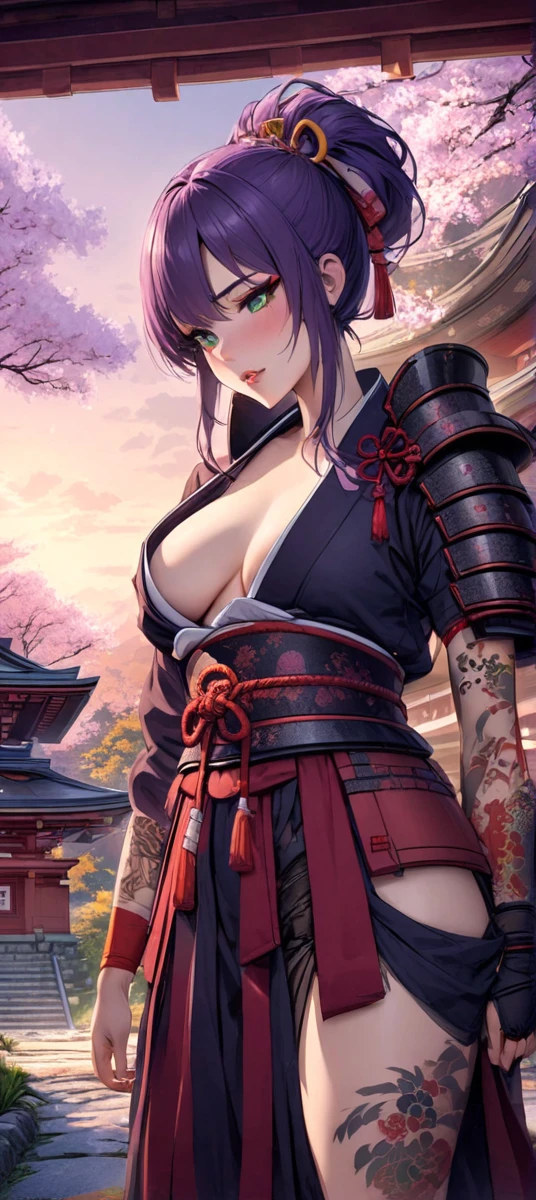 one arafed woman with purple hair and green eyes, japanese tattoo sleeve on her right arm, samurai armor, sfw, japanese temple