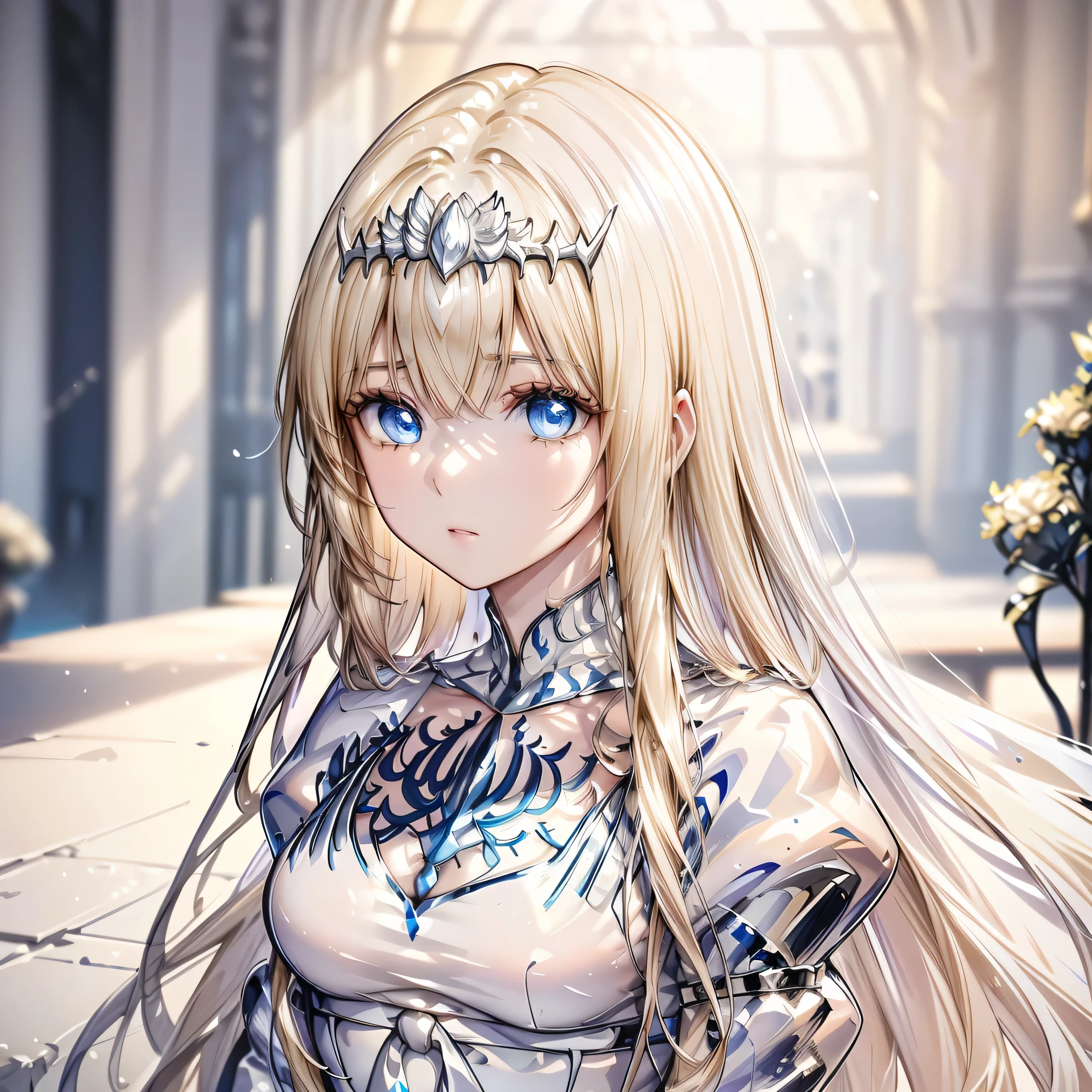 High definition RAW color art, Animation,sculptures, silver marble skin, (((Ultra detailed elegant))), Magical atmosphere, (Detailed skin, Texture (Intricately detailed, Fine detail, ultra-detailliert), depth of fields, Bokeh, silky touch, beautiful eyes,  glass world, Hyper Detail, Matte Drawing, Pastel purple, looking back,  1girl, solo, Calca, Calca Bessarez, blonde hair, extremely long hair, very long hair, white tiara, silver tiara, white dress, blue eyes, medium chest, long straight hair