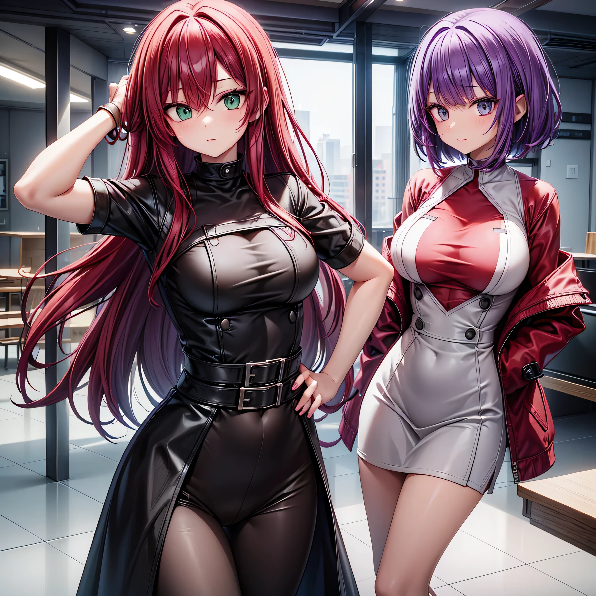 (Two persons) Adult woman with red hair and green eyes, long hair, tight clothes. Woman with purple hair, medium dark skin, short hair, gray left eye and green right eye.