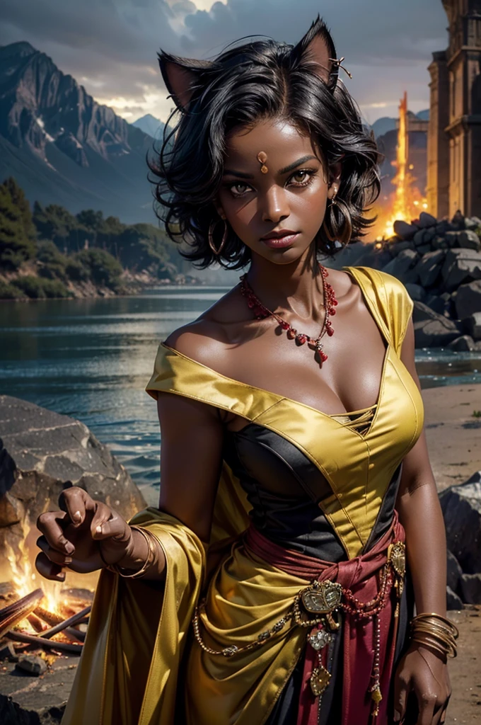 (masterpiece,stunning girlfriend, (standing:1.1), dynamic pose, heart shaped face, elegant face, beautiful face, highly detailed face, highres, masterpiece,best quality,original,extremely detailed CG,extremely detailed wallpaper,perfect lighting,looking at viewer,bare hands,1girl, SiennaKhan,short hair,black hair,animal ears,yellow eyes,cat ears,dark skin,dark-skinned female,gloves,jewelry,earrings,cape,facial mark,cleavage cutout,hoop earrings, standing, outside castle, river, mountain, crowd, (crowd in military uniforms), bonfire, closed mouth, serious look, serious expression, looking at viewer,