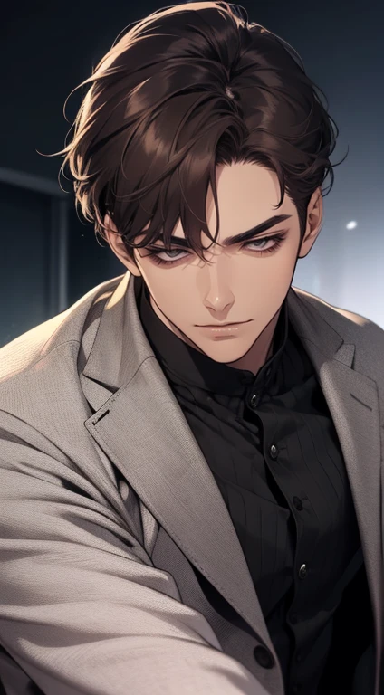 masterpiece, best quality, realistic, 1man, mature male, quiet and charming young man, 25 years old, close his eyes, serious look, extremely detailed face, ((dark grey eyes)), ((short-right-swept dark brown hair)), [thick eyebrows], detective, plain background, cinematic lighting, looking at the audience, posture dynamics, smirk, holding the phone