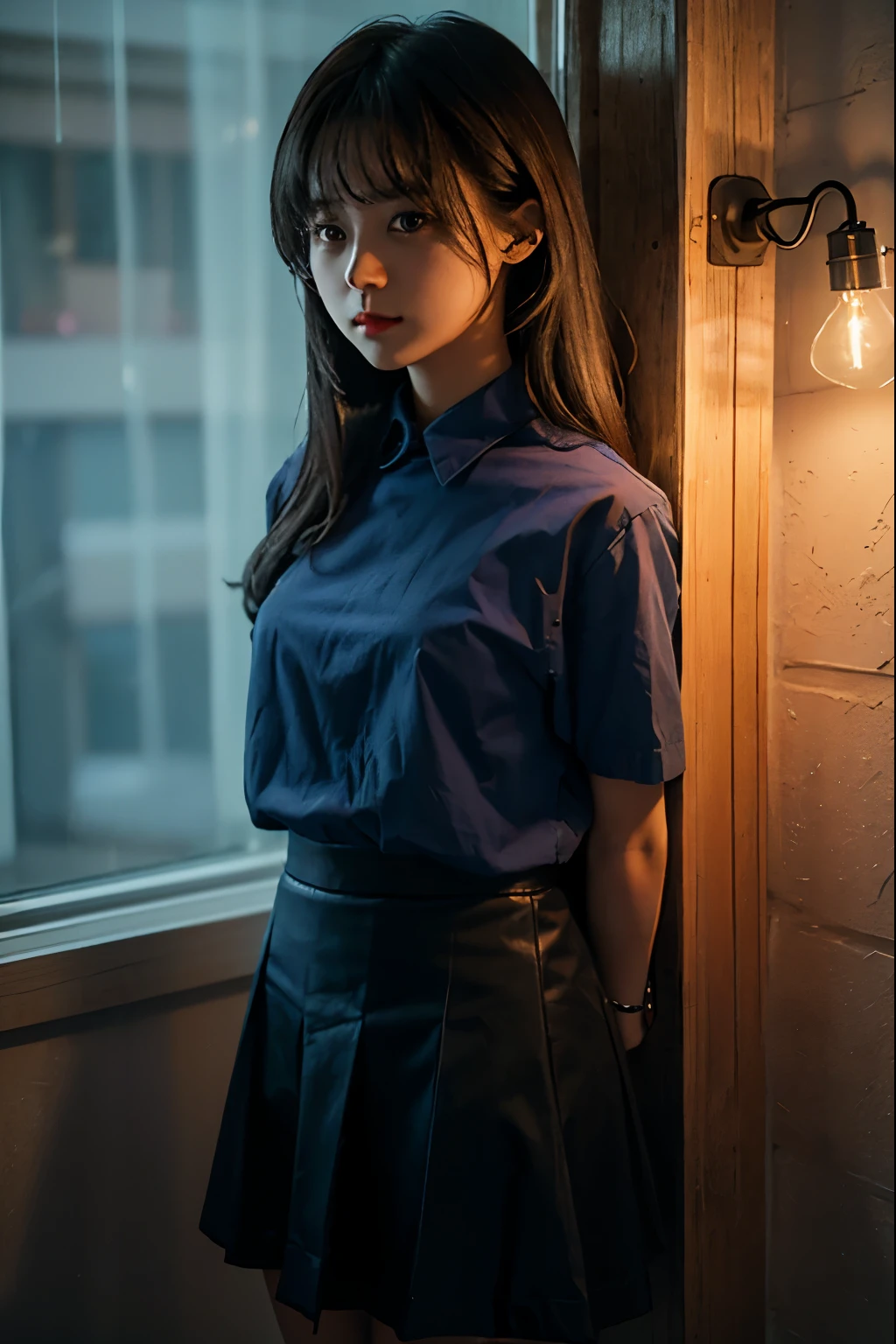 A cute girl is confined and tied up、A room with the lights on at night、Blue Skirt、Red short sleeve shirt、Are standing、Beauty、Age 25、Medium build、Outside the window is night、