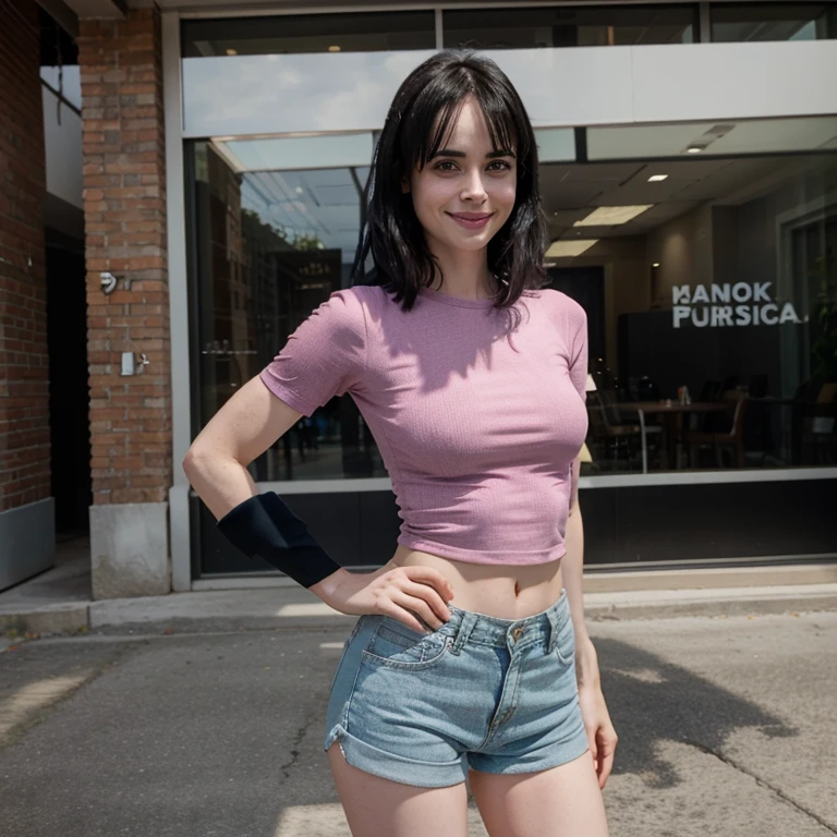 Krysten Ritter wearing tight shirt and shorts and smiling