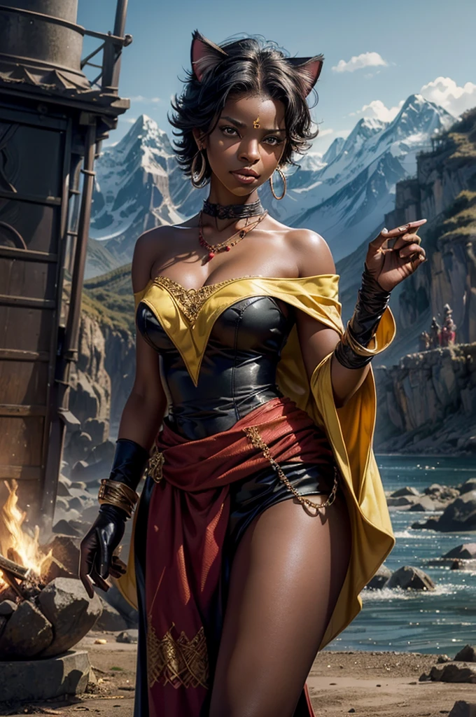 (masterpiece,stunning girlfriend, (standing:1.1), dynamic pose, heart shaped face, elegant face, beautiful face, highly detailed face, highres, masterpiece,best quality,original,extremely detailed CG,extremely detailed wallpaper,perfect lighting,looking at viewer,bare hands,1girl, SiennaKhan,short hair,black hair,animal ears,yellow eyes,cat ears,dark skin,dark-skinned female,gloves,jewelry,earrings,cape,facial mark,cleavage cutout,hoop earrings, standing, outside castle, river, mountain, crowd, (crowd in military uniforms), bonfire, closed mouth, serious look, serious expression, looking at viewer,