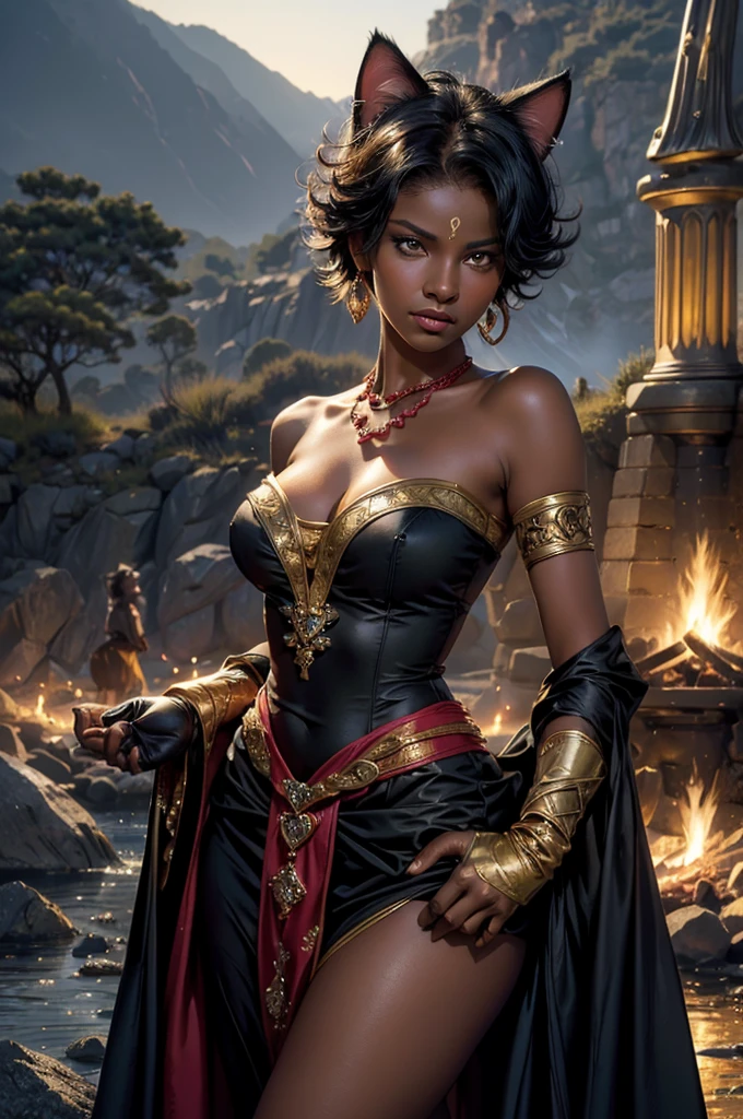 (masterpiece,stunning girlfriend, (standing:1.1), dynamic pose, heart shaped face, elegant face, beautiful face, highly detailed face, highres, masterpiece,best quality,original,extremely detailed CG,extremely detailed wallpaper,perfect lighting,looking at viewer,bare hands,1girl, SiennaKhan,short hair,black hair,animal ears,yellow eyes,cat ears,dark skin,dark-skinned female,gloves,jewelry,earrings,cape,facial mark,cleavage cutout,hoop earrings, standing, outside castle, river, mountain, crowd, (crowd in military uniforms), bonfire, closed mouth, serious look, serious expression, looking at viewer,