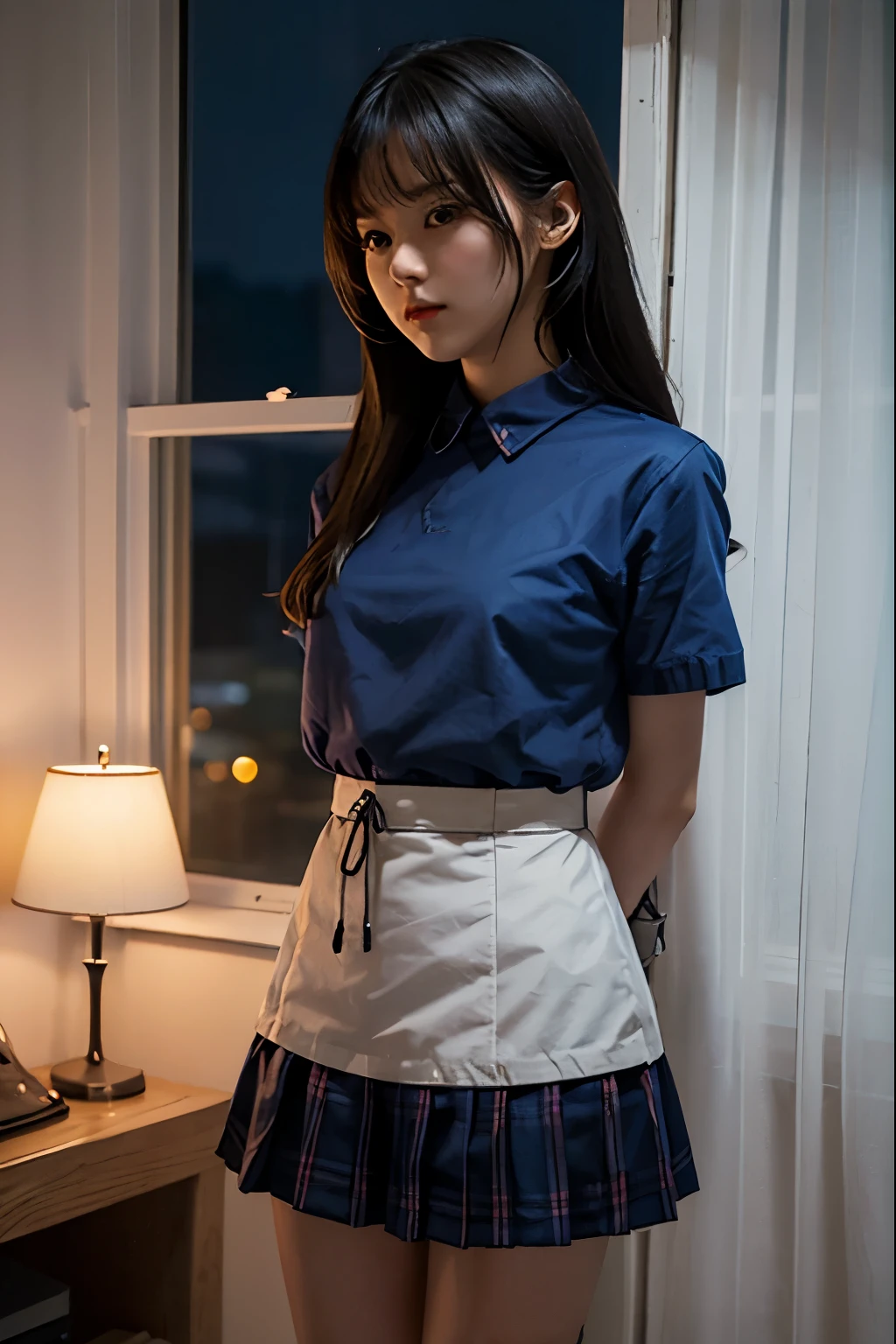 A cute girl is confined and tied up、A room with the lights on at night、Blue Skirt、Red short sleeve shirt、Are standing、Beauty、Age 25、Medium build、Outside the window is night、