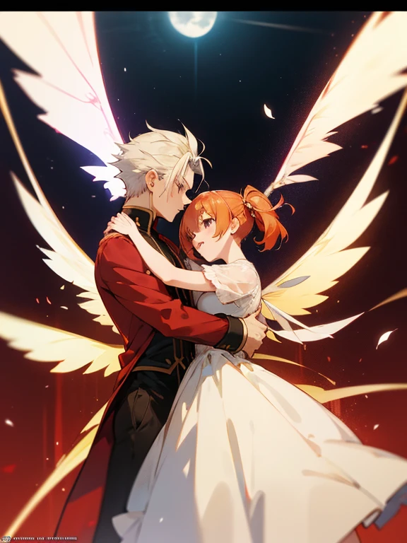 anime couple hugging each other in a hug, high quality fanart, high quality anime art, seven deadly sins anime, looking like annie leonhart, annie leonhart, high quality anime artstyle, key anime art, anime poster, fate stay night, trigger anime artstyle, trending anime art, anime arts, vergil, puce and vermillion, remove watermark, girl in white dress with fairy wings, , ban in red dress and elaine in white dress undead ban and fairy elaine from seven deadly sins anime, blond girl