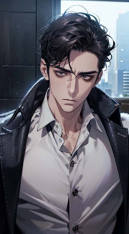 (best quality, masterpiece, 8K, photorealistic, cinematic lighting, 1:4 hdr image, ultra detailed, beautiful image), a mature man, very handsome, ((cold expression)), short black hair, black eyes, face perfect without mistakes, ((buttoning his jacket, CEO))