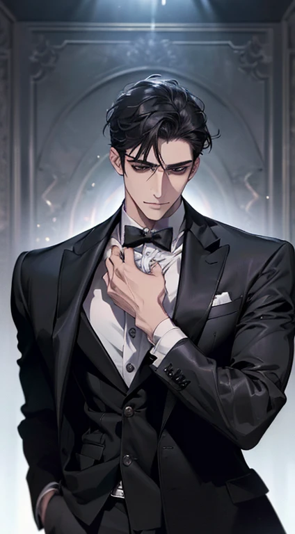 (best quality, masterpiece, 8K, photorealistic, cinematic lighting, 1:4 hdr image, ultra detailed, beautiful image), a mature man, very handsome, ((cold expression)), short black hair, black eyes, face perfect without mistakes, ((buttoning his jacket, CEO))