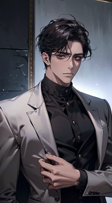 (best quality, masterpiece, 8K, photorealistic, cinematic lighting, 1:4 hdr image, ultra detailed, beautiful image), a mature man, very handsome, ((cold expression)), short black hair, black eyes, face perfect without mistakes, ((buttoning his jacket, CEO))