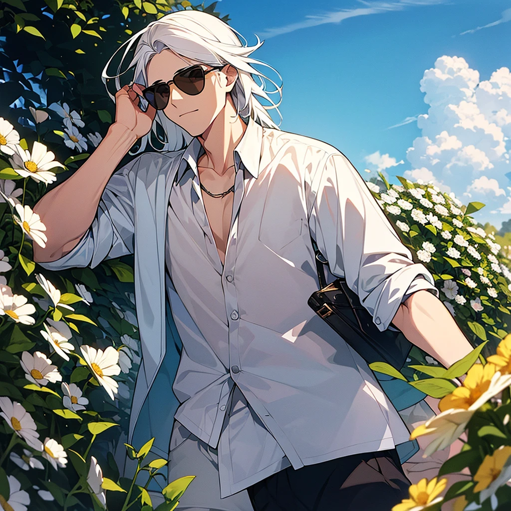 Make an art of a 23-year-old man containing the following characteristics: white hair, floral shirt, white shorts and sunglasses 