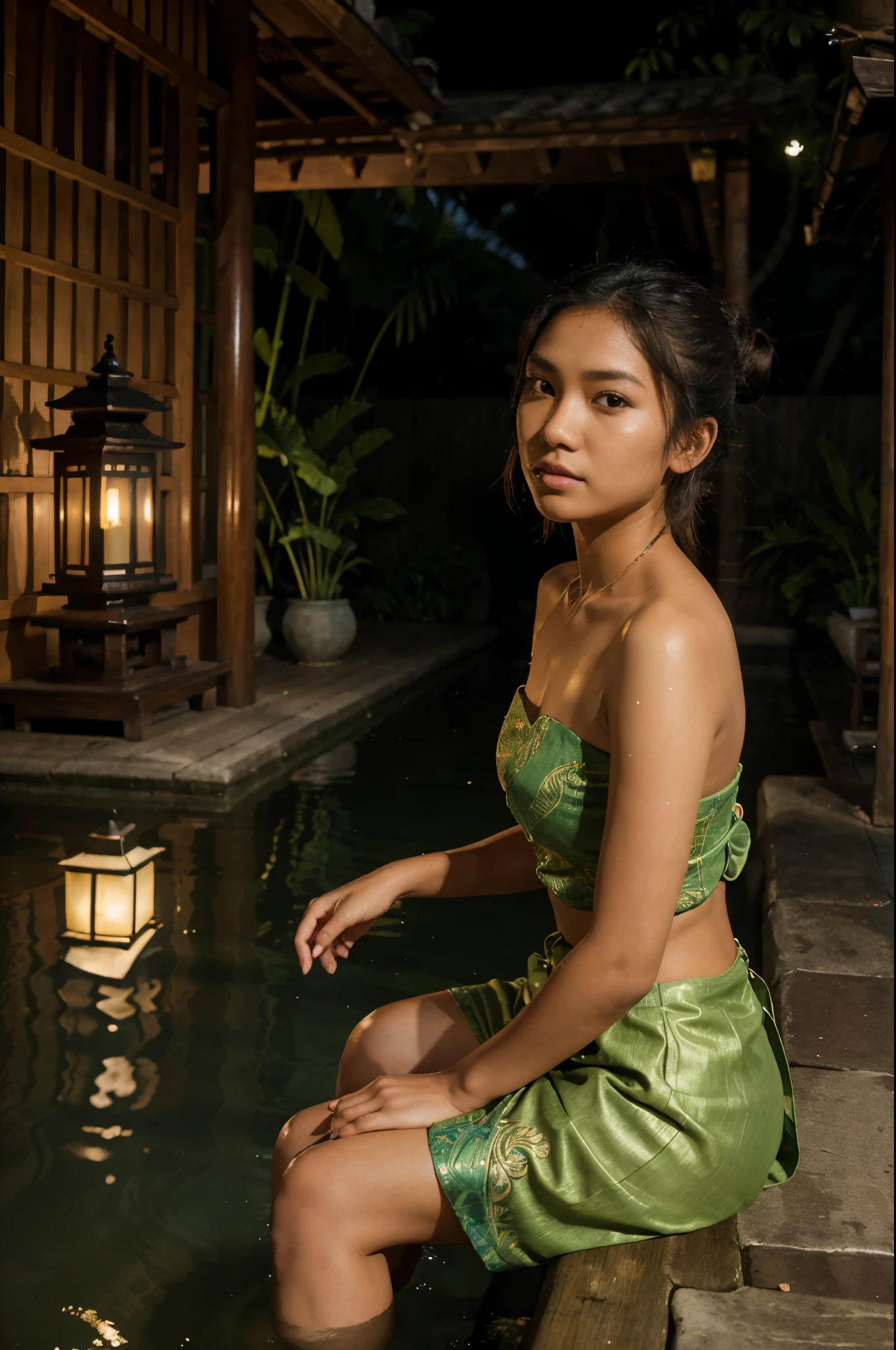 At night, a naturally beautiful Indonesian girl, 25 years old, details of her cute face, moist shiny skin, slightly tousled hair tied in a bun, wearing a green kebaya and short batik sarong, is contemplating on the terrace of the house, barefoot sitting on The front door of the house, the house is made of bamboo, balinese architecture, there is a lantern, in front of the house flows a small clear river, a natural clear rocky river, mountain and red big moon. ultra realistic photo, HDR10 8K --style raw --v 6.0